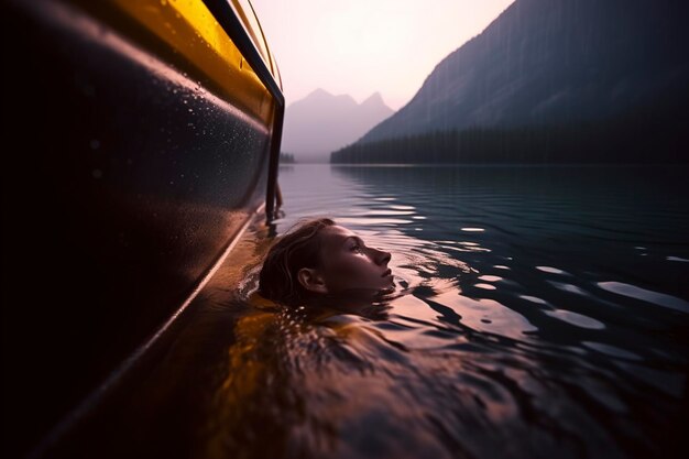 Kobieta kąpiąca się w jeziorze o zachodzie słońca z wodą po szyję wygenerowaną przez Ai