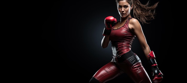 Kobieta kickboxująca w odzieży aktywnej i czerwonych rękawiczkach kickboxingowych na czarnym tle wykonująca kopnięcie sztuk walki Ćwiczenie sportowe generowane za pomocą sztucznej inteligencji