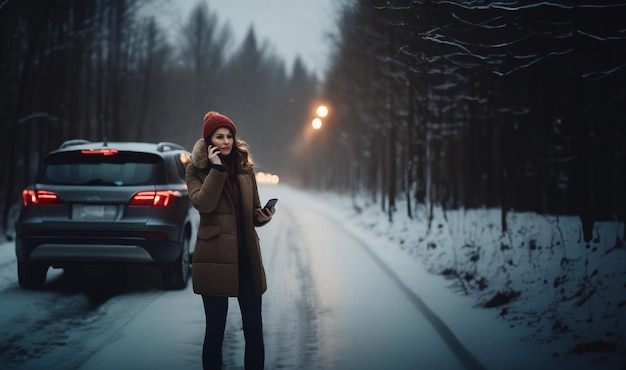 Kobieta, kierowca, rozbija samochód na śliskiej zimnej drodze w śniegu, wzywa ciężarówkę do holowania w pobliżu samochodu.