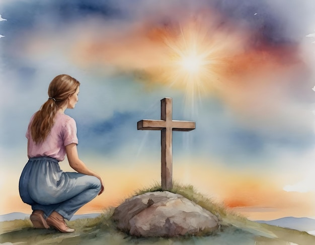 Kobieta klęcząca i modląca się przed krzyżem