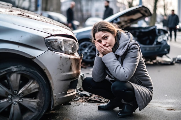 Zdjęcie kobieta klęcząca obok uszkodzonego samochodu