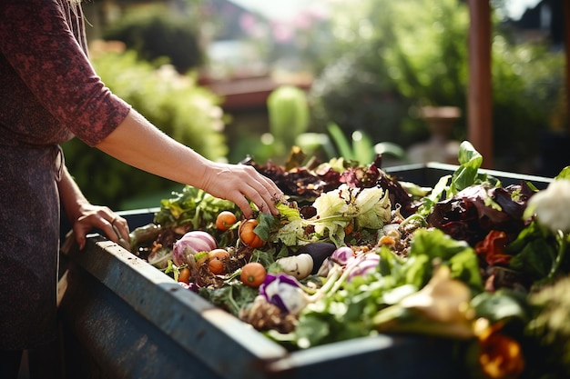 Kobieta kompostująca odpady żywnościowe Zewnętrzny pojemnik na kompost w celu zmniejszenia ilości odpadów kuchennych Odpady organiczne w kompostowniku ogrodowym Przyjazny dla środowiska zrównoważony rozwój w ogrodnictwie Ekologia odpowiedzialna za środowisko