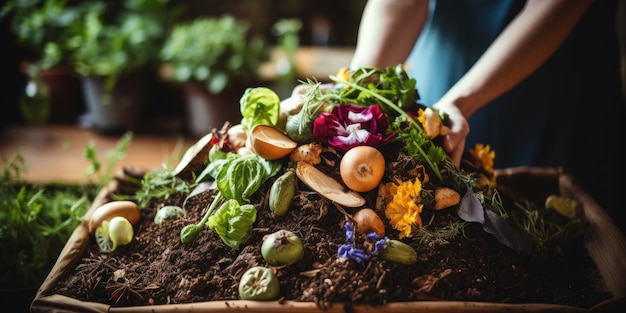 Kobieta kompostuje odpady żywnościowe na swoim podwórku Ekologiczna troska o przyrodę Generacyjna sztuczna inteligencja