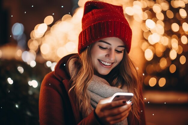 Kobieta komunikuje się online na telefonie w zimie
