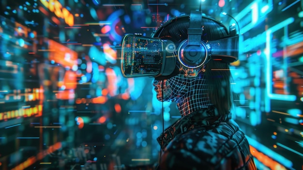 kobieta korzystająca z wirtualnej rzeczywistości symulacji gier cyberpunk nowoczesna futurystyczna koncepcja