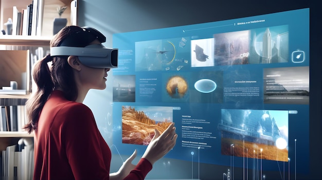 Kobieta korzystająca z zestawu słuchawkowego VR i patrząca na wirtualny interfejs użytkownika ar z wieloma aplikacjami Pracuj z VR Generative ai