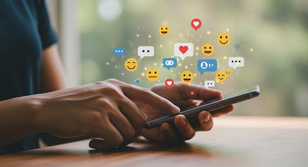 Kobieta korzystająca ze smartfona do komunikacji za pomocą emoji i wiadomości