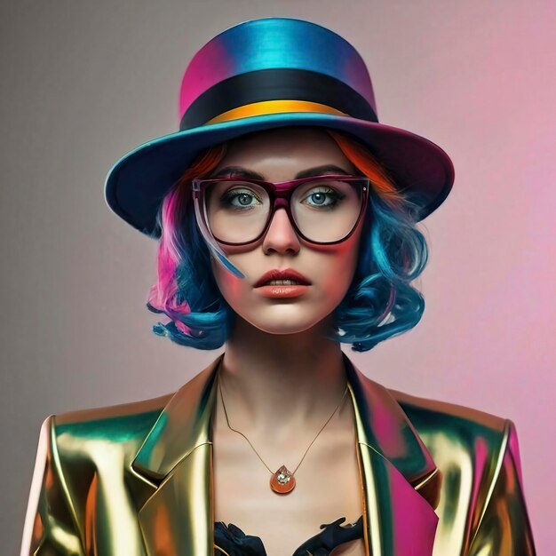 Kobieta kreatywnych, kolorowy kapelusz, okulary, moda, uroda, portret, lateksowa głowa