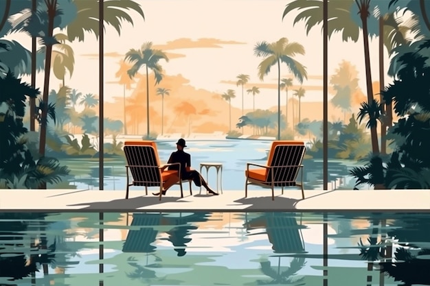 Kobieta kreskówka mężczyzna podróż letnie słońce relaks plaża ilustracja wakacje morze natura generatywna sztuczna inteligencja