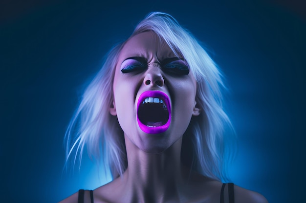 kobieta krzycząca z otwartymi ustami w ciemnym pokoju