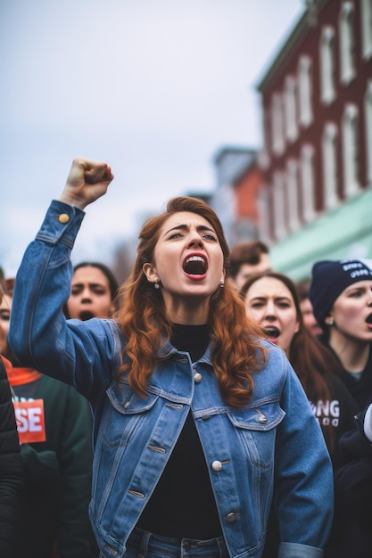 Zdjęcie kobieta krzyczy podnosząc pięść z grupą protestujących na ulicy