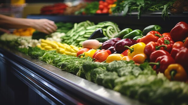 Kobieta kupująca owoce i warzywa w sklepie spożywczym Korytarz Koncepcja inflacji cen żywności