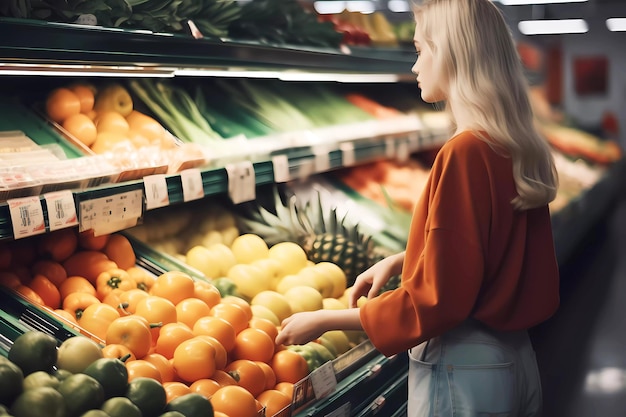 Zdjęcie kobieta kupująca owoce i warzywa w supermarkecie generative ai design