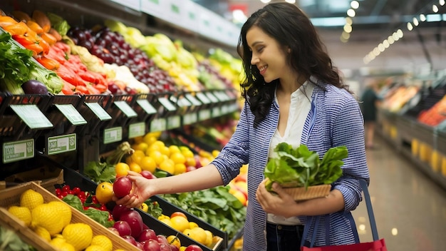 Kobieta kupująca warzywa i owoce ekologiczne