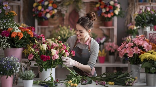 Kobieta kwiaciarka w własnym sklepie kwiatowym zajmująca się kwiatami