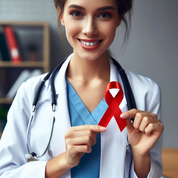 Kobieta lekarz dumnie wyświetla czerwoną wstążkę AIDS
