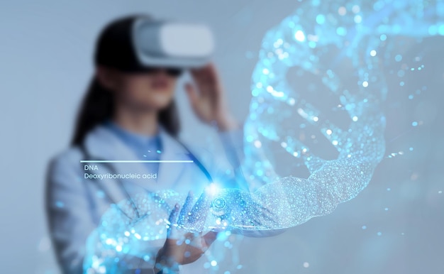 Kobieta lekarz-genetyk nosząca okulary VR na szarym tle