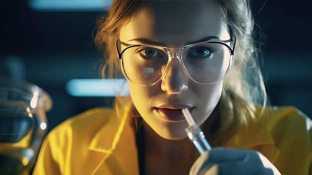 Kobieta lekarz lub naukowiec badawczy stosujący probówkę z przejrzystym roztworem w laboratorium lub laboratorium