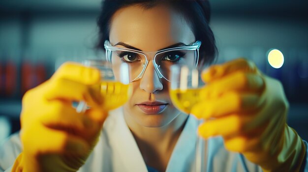 Zdjęcie kobieta lekarz lub naukowiec badawczy stosujący probówkę z przejrzystym roztworem w laboratorium lub laboratorium