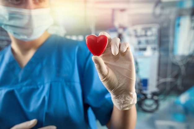 Kobieta lekarz lub pielęgniarka w niebieskiej jednolitej masce rękawiczek trzymająca małe czerwone serce w sali operacyjnej w szpitalu