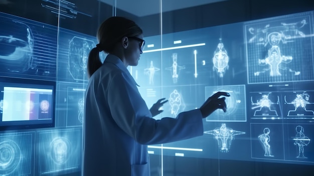 kobieta-lekarz-naukowiec prowadzi badania medyczne w laboratoryjnym futurystycznym wyświetlaczu dotykowym