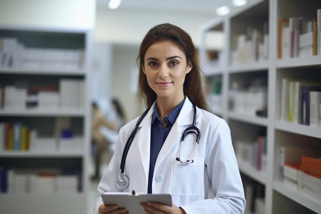 Kobieta lekarz stojąca w gabinecie medycznym nosząca biały płaszcz laboratoryjny stetoskop wokół szyi