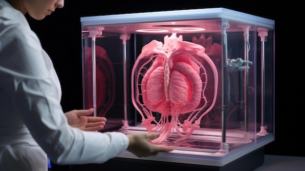 Kobieta lekarz touchstone wirtualne serce w ręku rozmyte zdjęcie ręcznie narysowany organ ludzki podkreślony na czerwono jako