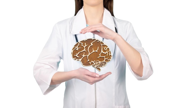 Zdjęcie kobieta lekarz trzymając wirtualny mózg w dłoni koncepcja usługi szpitalnej opieki zdrowotnej pień fotografia
