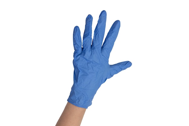Kobieta lekarz w niebieskich rękawiczkach styrylowych i pokazująca różne gesty rąk na białym tle Koncepcja zdrowia Szpitalna opieka medyczna