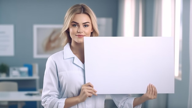 Zdjęcie kobieta lekarz z informacyjnym plakatem generatywna sztuczna inteligencja