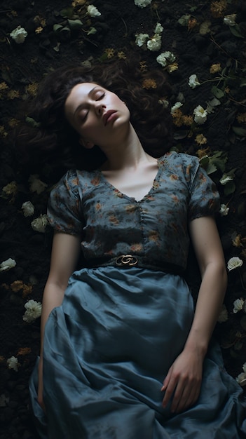 Zdjęcie kobieta leżąca na ziemi z zamkniętymi oczami
