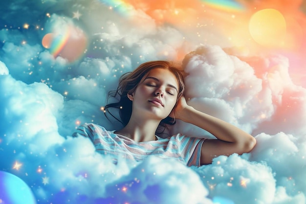 kobieta leżąca w chmurach z zamkniętymi oczami