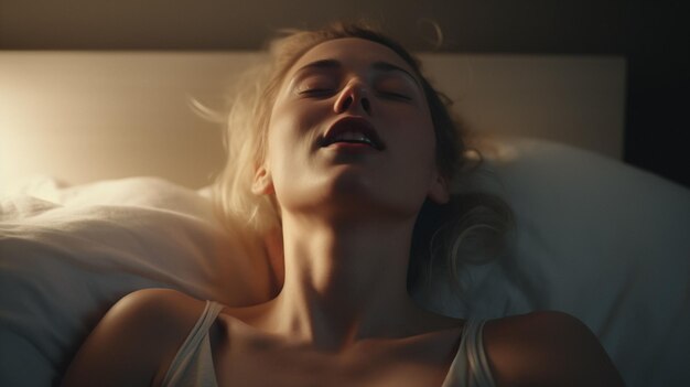 Zdjęcie kobieta leżąca w łóżku z zamkniętymi oczami i poduszką
