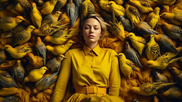 Zdjęcie kobieta leży w stosie żółtych ptaków.