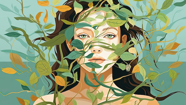 Kobieta ma na sobie maskę twarzy z gałęziami otaczającymi ją w stylu prostego