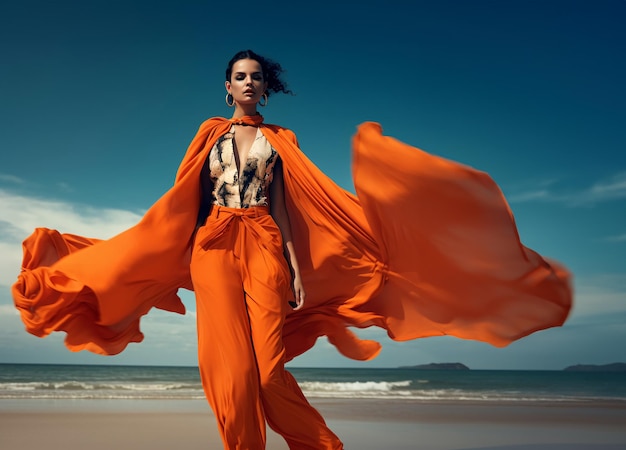 Kobieta ma na sobie ogromny pomarańczowy kombinezon na plaży w stylu orientalistycznych obrazów