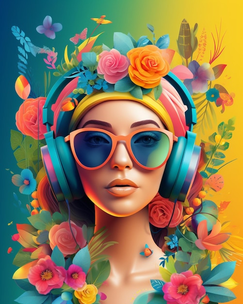 Kobieta ma na sobie słuchawki i kolorowe kwiatowe tło