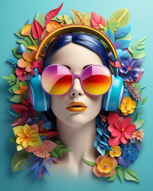 Kobieta ma na sobie słuchawki i kolorowe kwiatowe tło