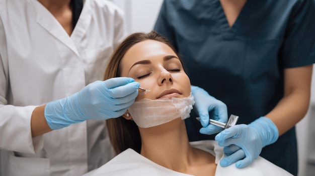 Kobieta ma relaksujący zabieg kosmetyczny wykonywany przez lekarza kosmetycznego w klinice Stworzony przy użyciu technologii Generative AI