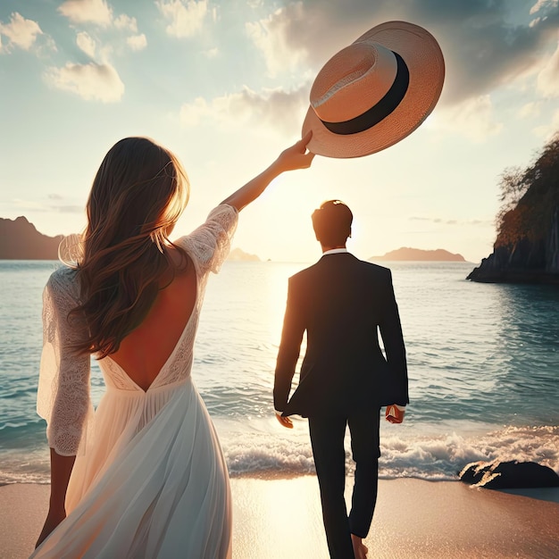 Zdjęcie kobieta macha kapeluszem do mężczyzny idącego w kierunku morza