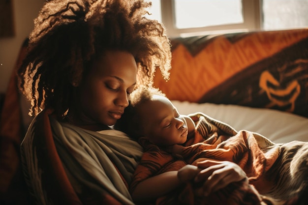 Kobieta macierzyństwo rodzina dzieciństwo dziecko zbliżenie noworodek dom afrykańska córka matka amerykańska Generatywna sztuczna inteligencja