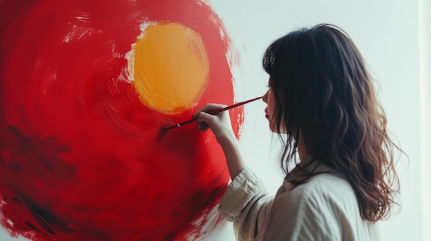 Kobieta malująca czerwony krąg artystyczny z pędzlem w ręku