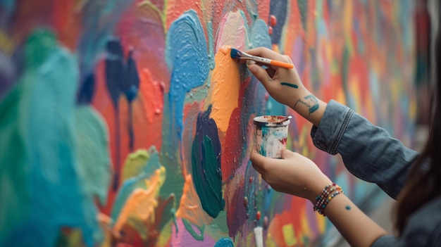 Kobieta maluje kolorową ścianę farbą w tle.