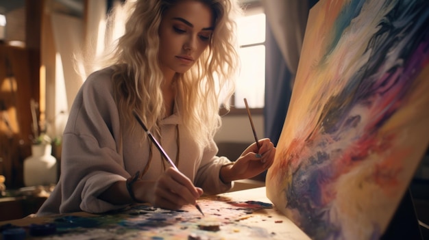 Kobieta maluje na sztalupie pędzlem