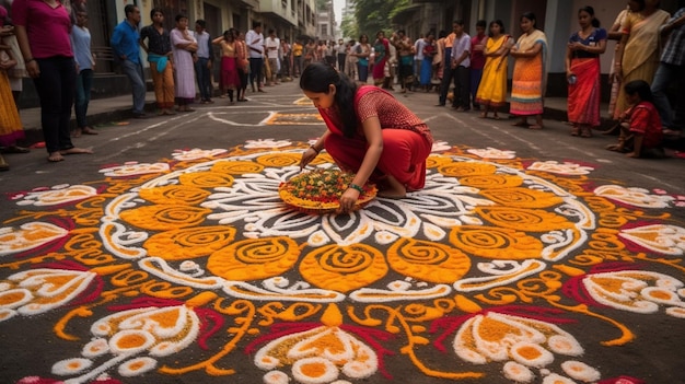 Kobieta Maluje Rangoli Na Drodze.