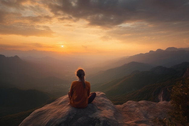 Kobieta medytacji w pozycji lotosu z malowniczym widokiem na góry