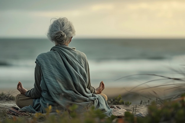 Zdjęcie kobieta medytująca na plaży