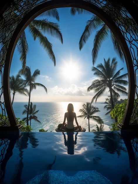 kobieta medytująca przed basenem z drzewami palmowymi na tle