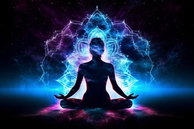 Kobieta medytująca przed kosmicznym symbolem.