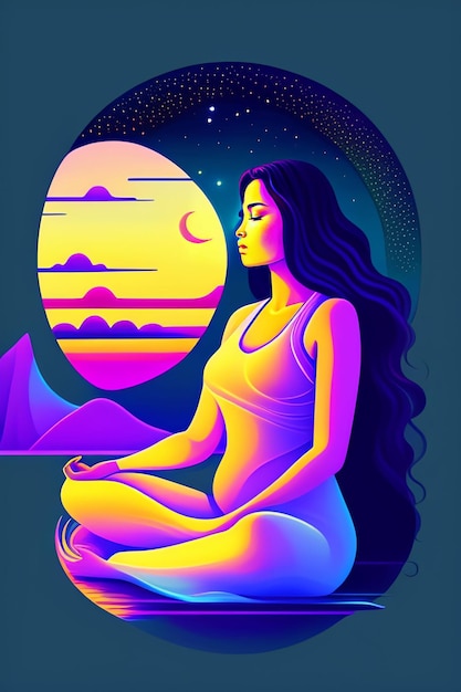 Kobieta medytująca przed oknem z księżycem w tle.
